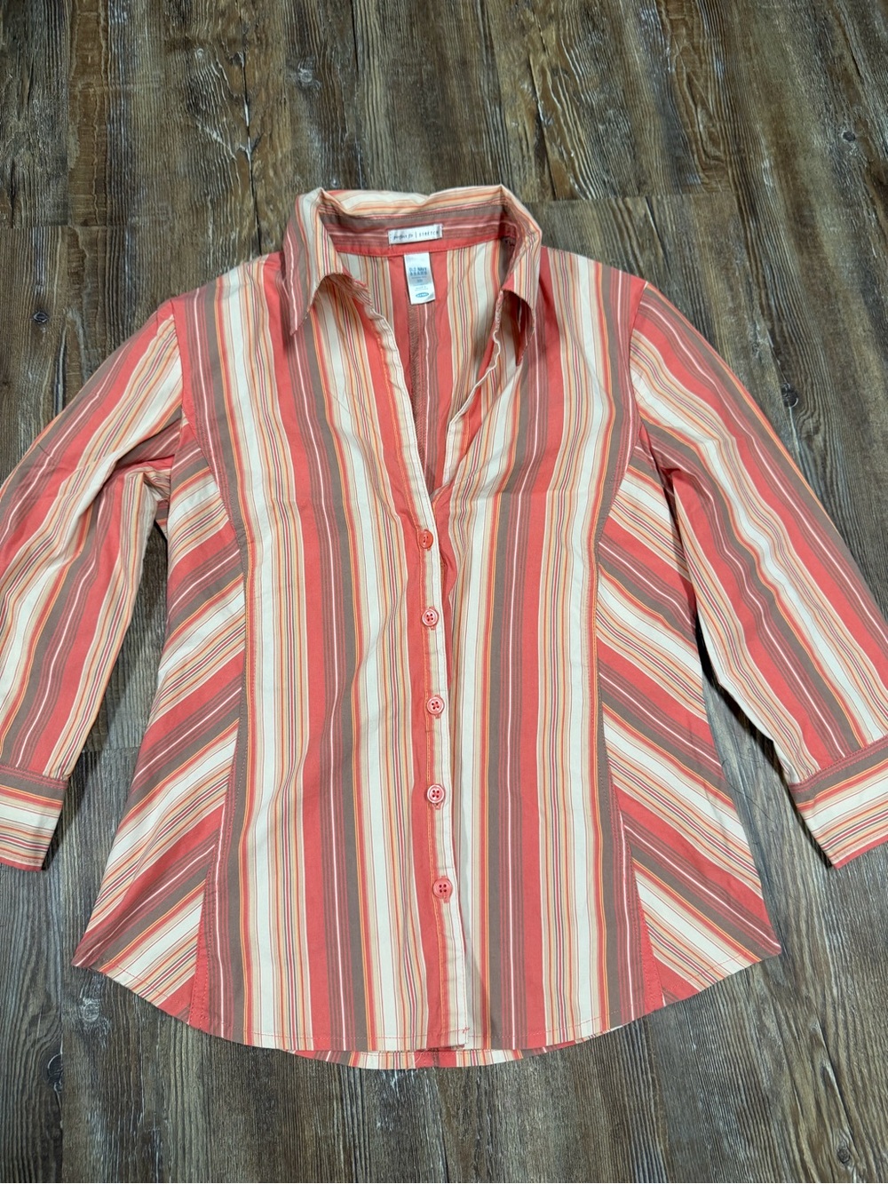 Y2K Old Navy vertical striped button up shirt in coral, beige, and white